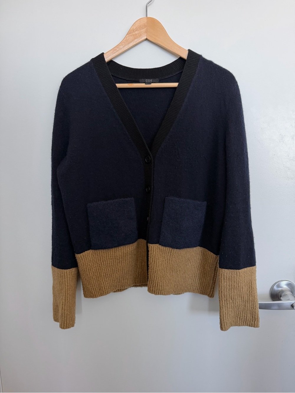 COS Two-Tone V-Neck Cardigan in Navy and Tan